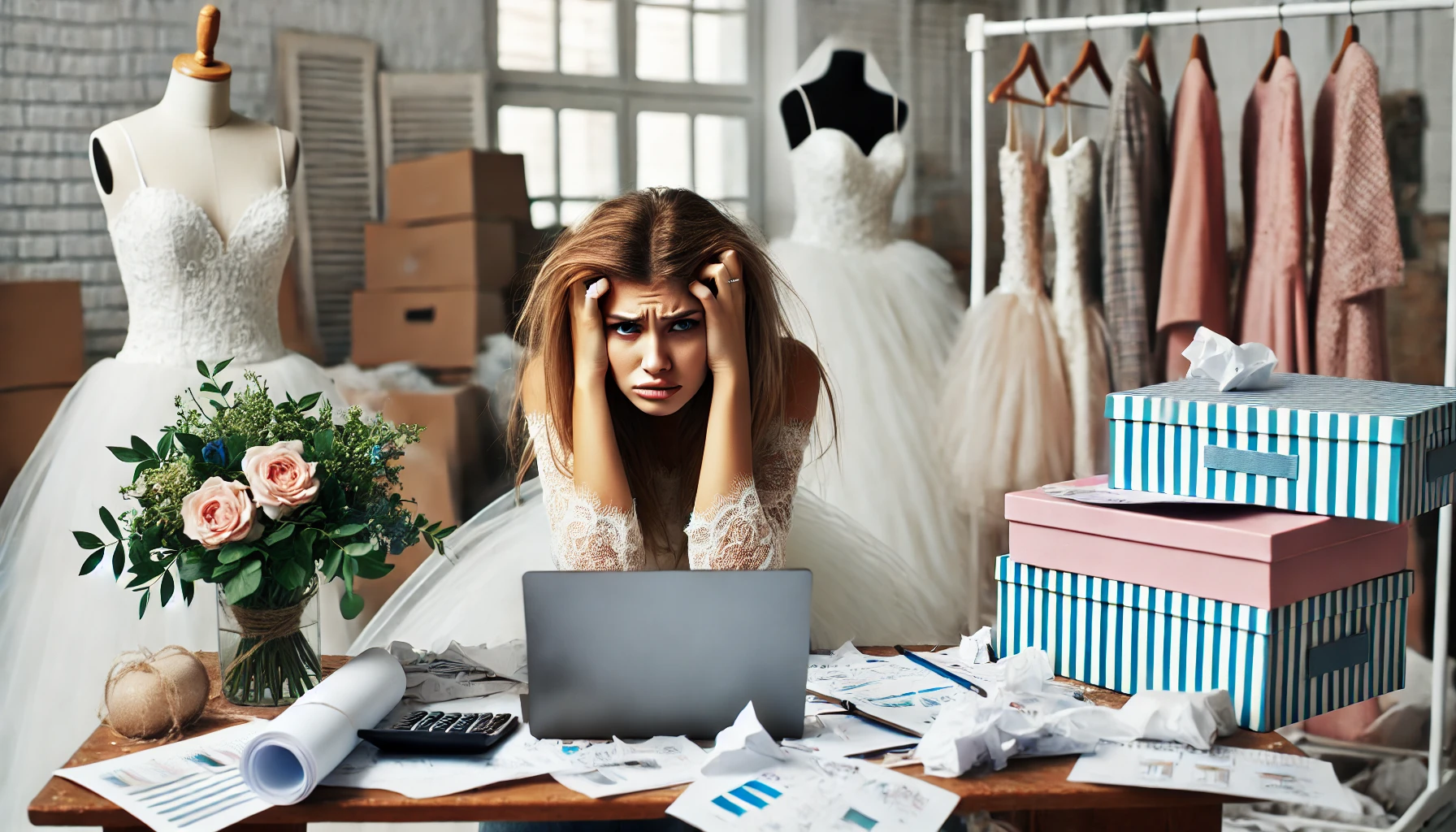 A stressed bride sitting at a table covered with disorganized wedding plans, papers, and a laptop. She has a frustrated expression, her hair slightly disheveled, and she is holding her head in her hands. The background shows a chaotic room with wedding dresses hanging and floral arrangements scattered around.