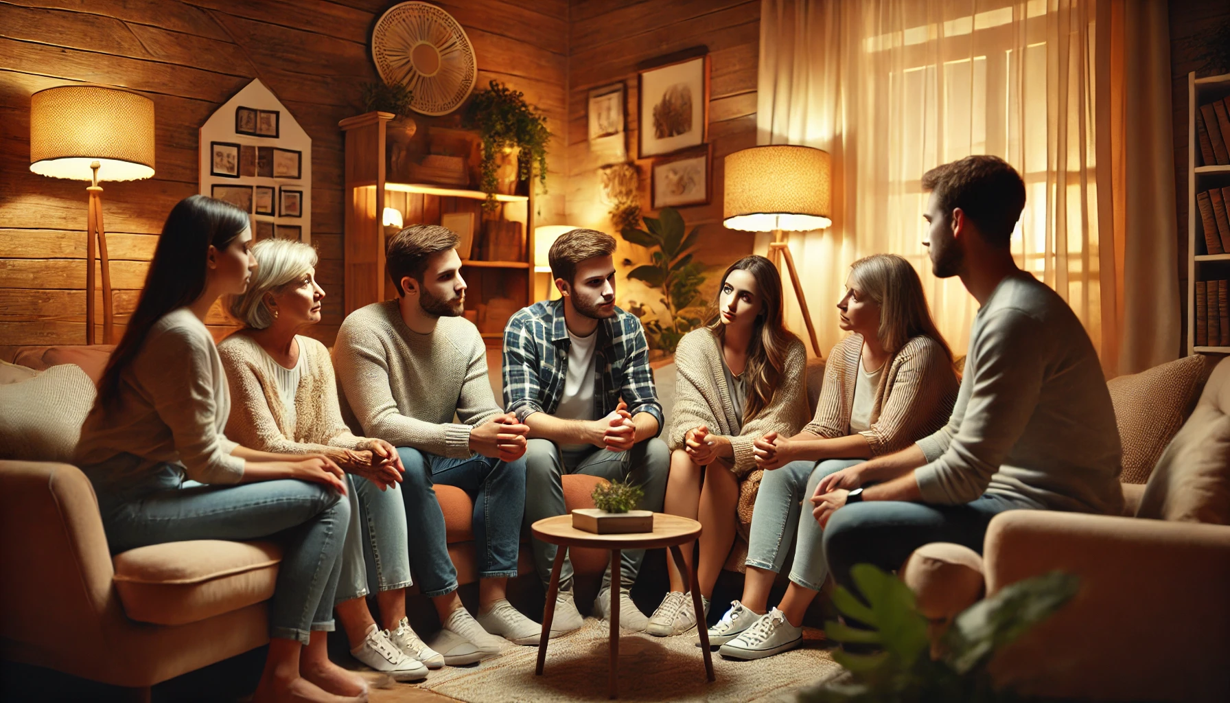 A family sitting together in a living room, engaged in a deep and emotional conversation, with expressions of concern and understanding on their faces.