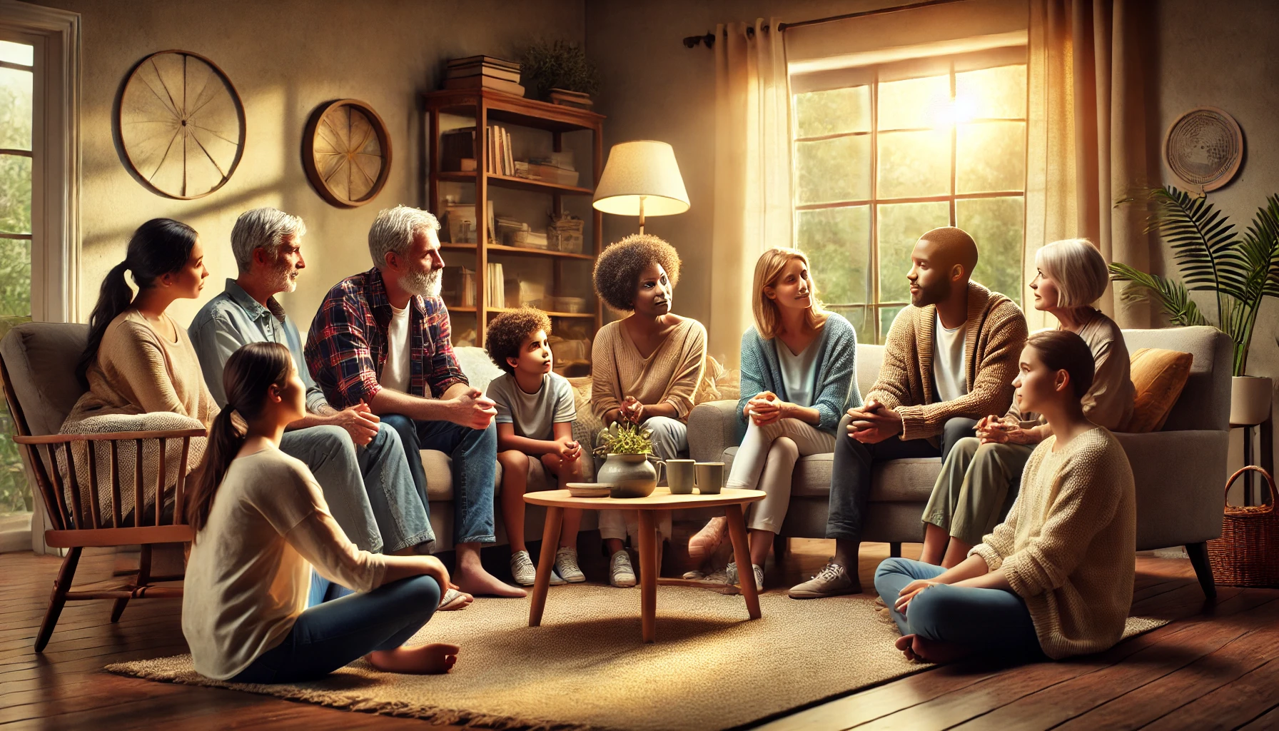 Family sitting together in a living room, engaged in a heartfelt conversation, symbolizing the resolution of family conflict.