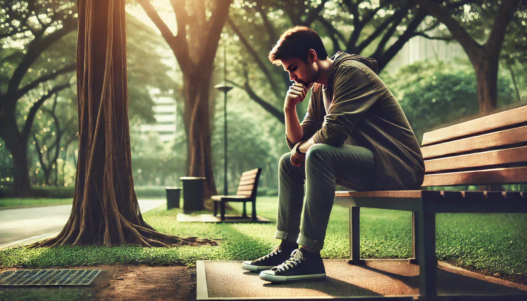 A person sitting on a bench, deep in thought, with a contemplative expression, symbolizing the search for advice on personal problems.