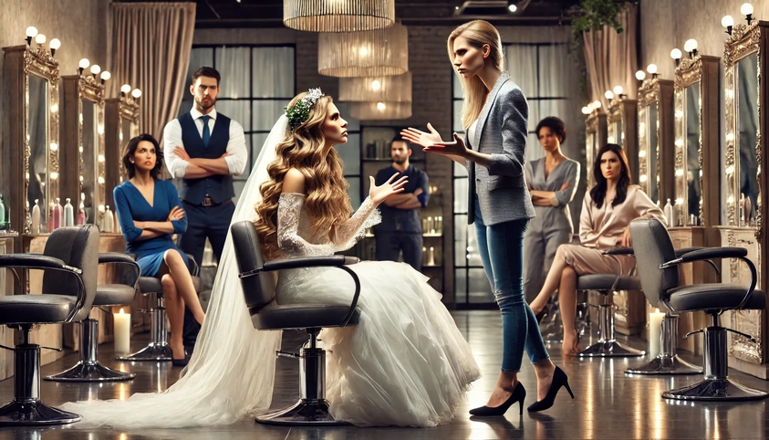 A dramatic moment in a salon where a bride argues with her stylist over a failed hairdo, creating hair drama on her wedding day.