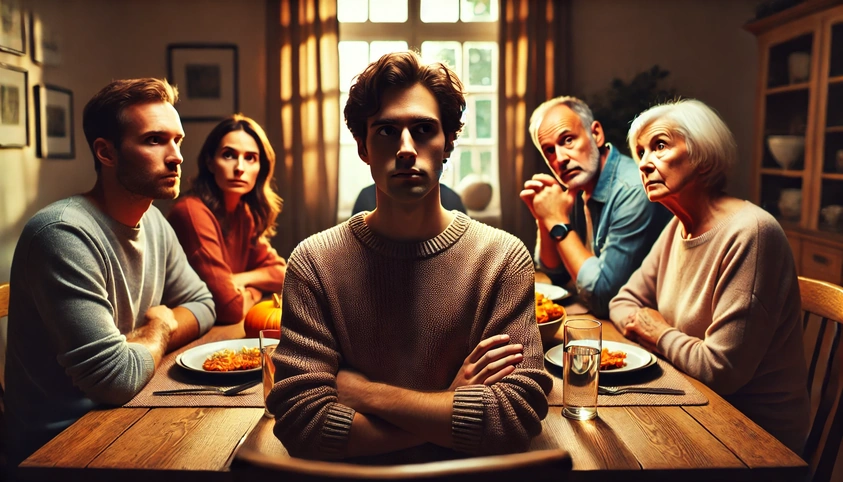 A family dinner where an individual is setting boundaries with their in-laws, with tension visible around the table.