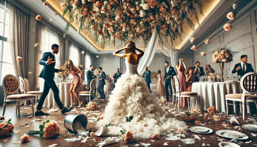 Wrecked wedding venue with flowers scattered, torn dress, and upset bride amidst chaos.