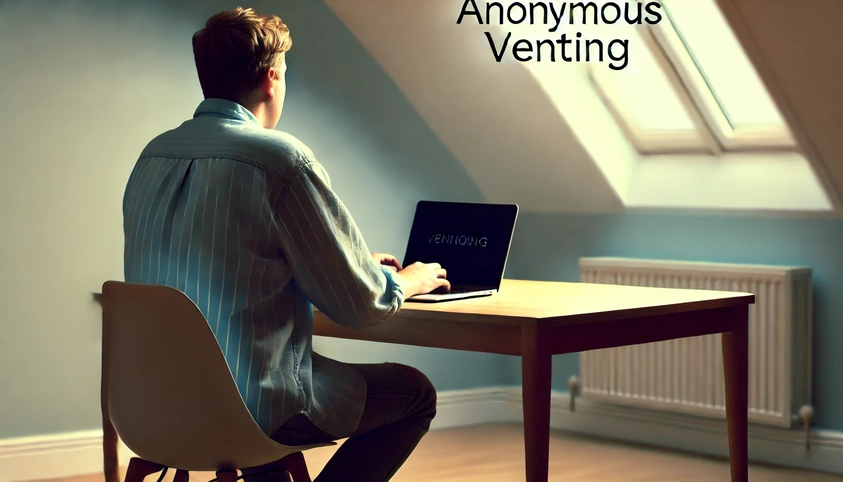 Person typing anonymously on a laptop, finding relief through online venting.