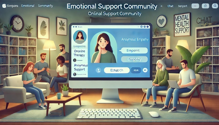 An emotional support community website showing people engaging in anonymous chat for mental health support