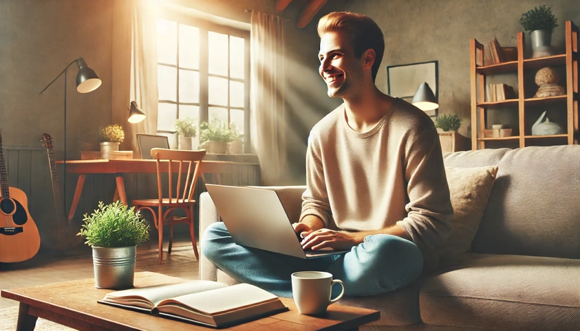 A person sitting in a cozy room, smiling at their laptop, symbolizing the relief of venting online.