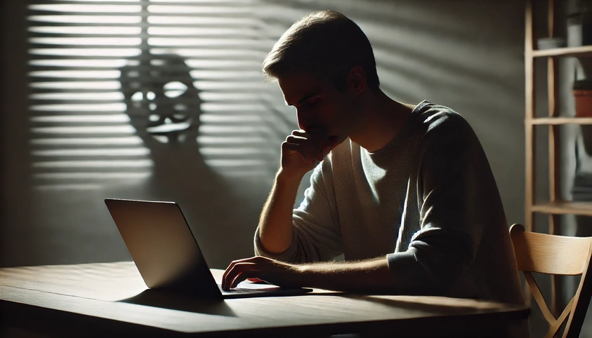 A person typing anonymously on a laptop in a dimly lit room, seeking a place to vent online