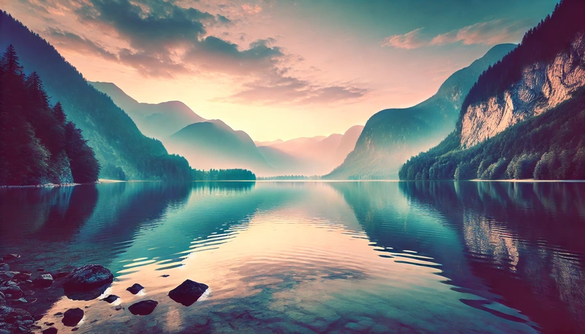 Tranquil lake at sunrise reflecting mountains, symbolizing self-care and inner peace.