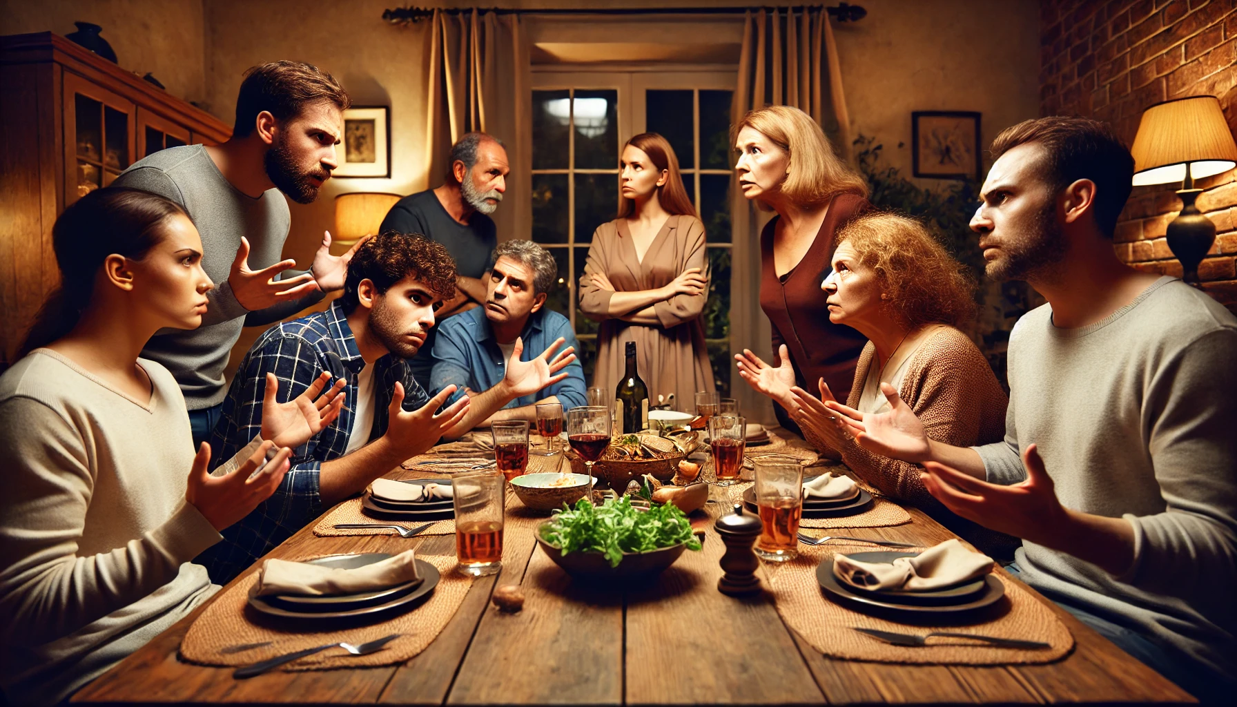 A family in heated discussion around a dinner table, showcasing intense emotions and conflict.