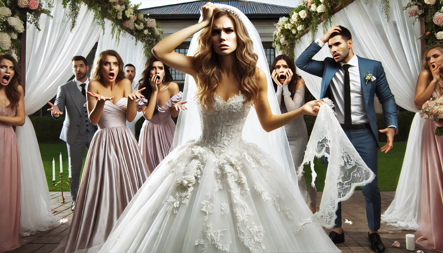 A distressed bride in a luxurious white wedding dress, a frustrated bridesmaid in a pastel dress holding a torn piece of fabric, and a worried family in the background at an elegantly decorated outdoor venue, capturing a dramatic and chaotic Bridezilla moment.