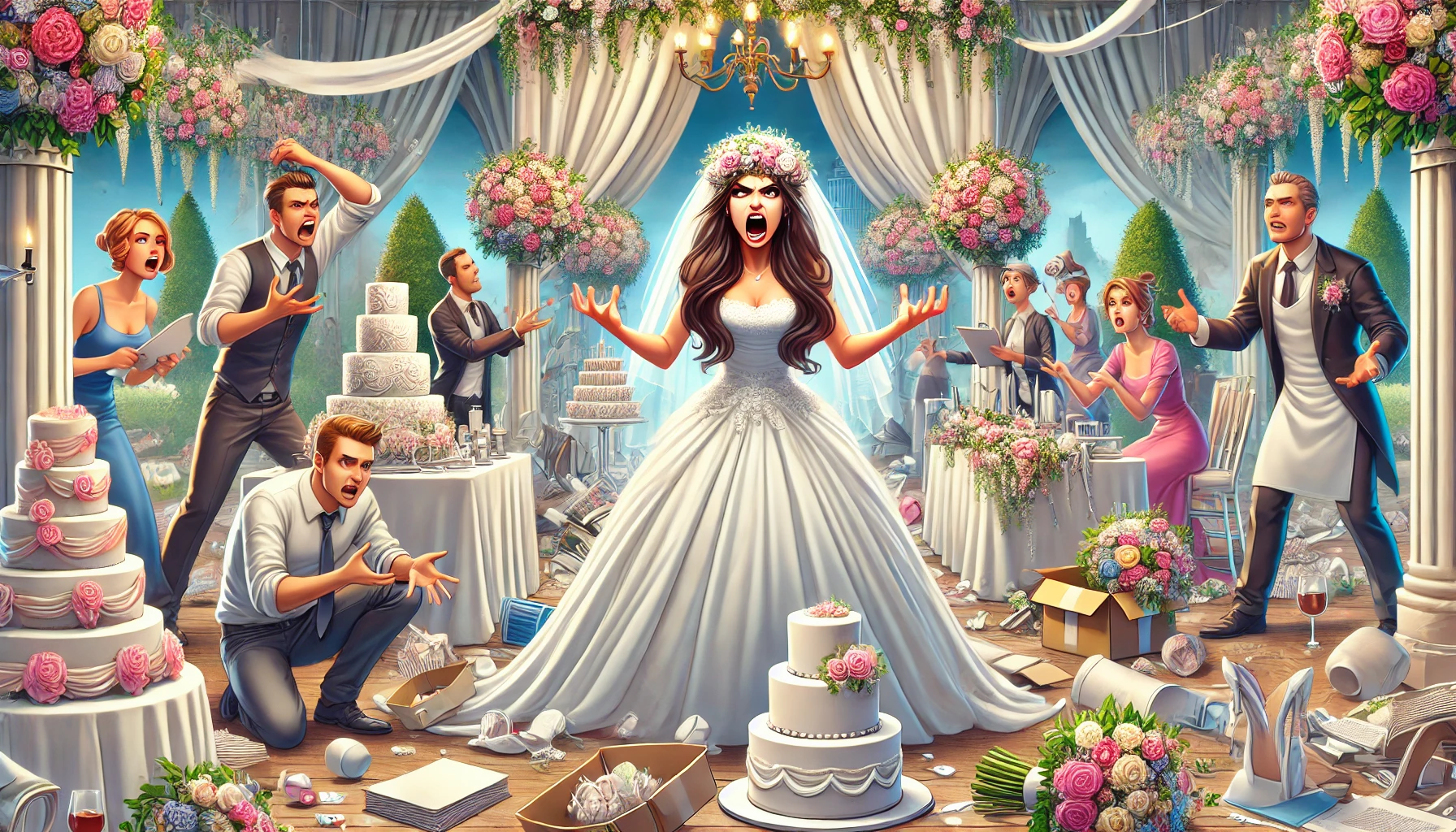 A chaotic wedding scene with a stressed bride in a dramatic pose, surrounded by overwhelmed wedding planners and disorganized decorations at a lavish outdoor wedding.