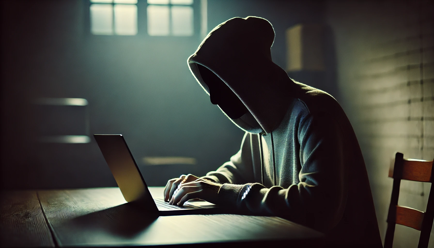 A person sitting in the dark, their face obscured, typing on a laptop as they make an anonymous confession online on a confession website.